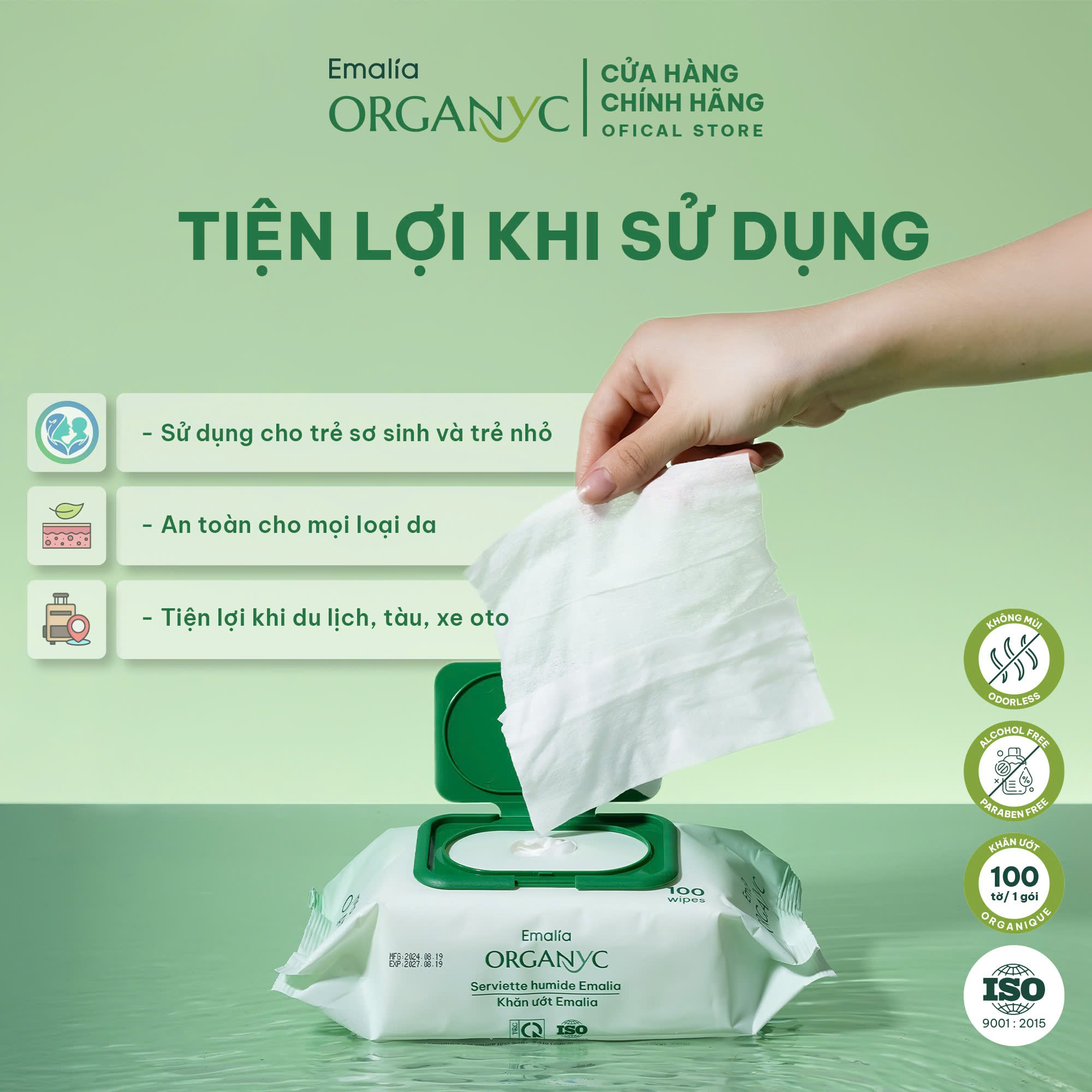 Khăn Ướt Emalia 100 tờ cao cấp, Không paranben, Không Cồn, Không Mùi, An Toàn Cho Da