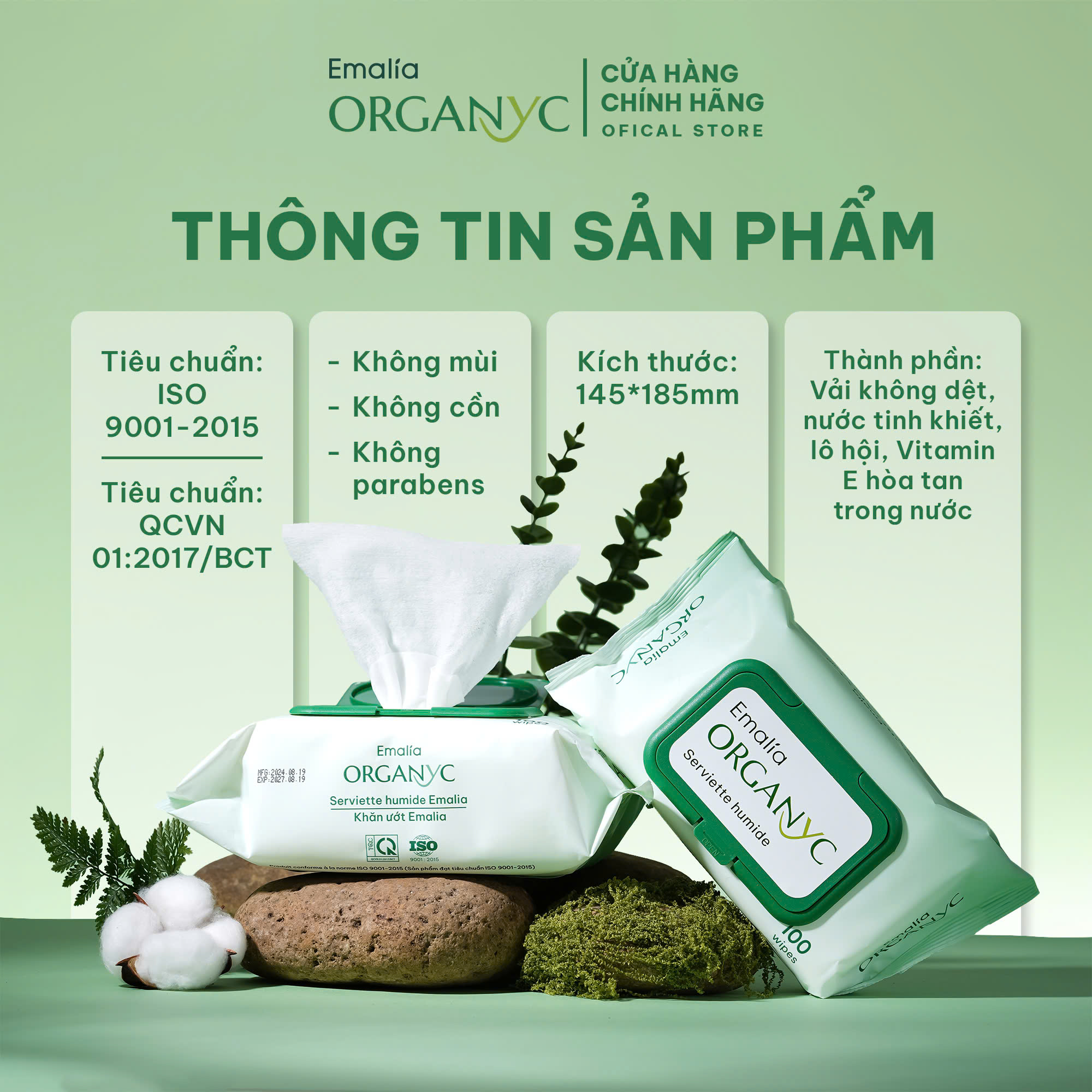 Khăn Ướt Emalia 100 tờ cao cấp, Không paranben, Không Cồn, Không Mùi, An Toàn Cho Da