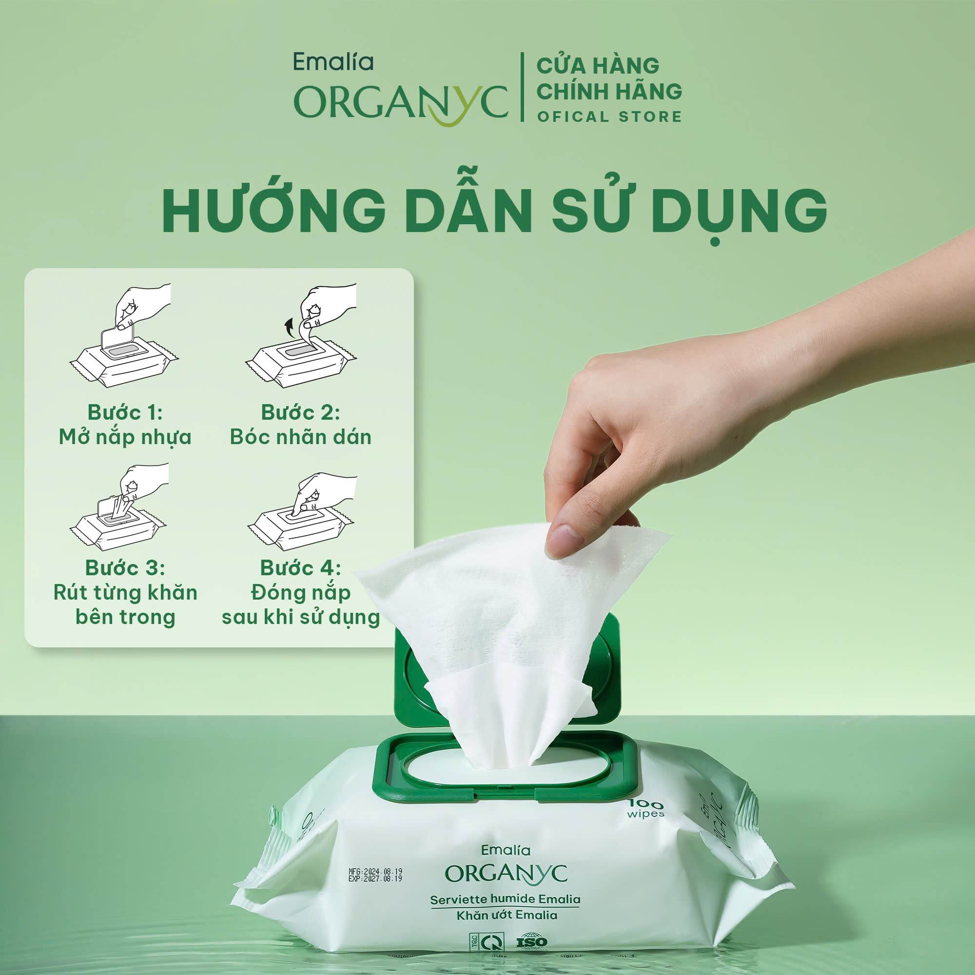 Khăn Ướt Emalia 100 tờ cao cấp, Không paranben, Không Cồn, Không Mùi, An Toàn Cho Da