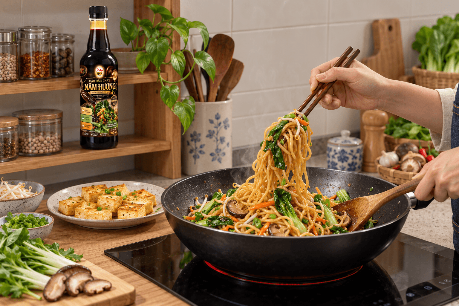Mì Xào Đậu Hũ Chay: Đậu Vàng Mặt, Không Bể Khi Đảo