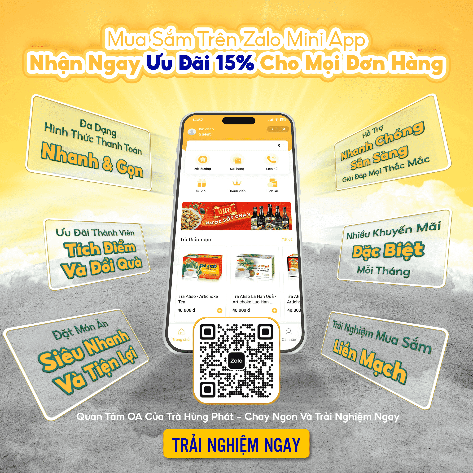 Mua sắm trên Zalo Mini App Trà Hùng Phát - Chay Ngon để nhận ngay ưu đãi 15% cho mọi đơn hàng