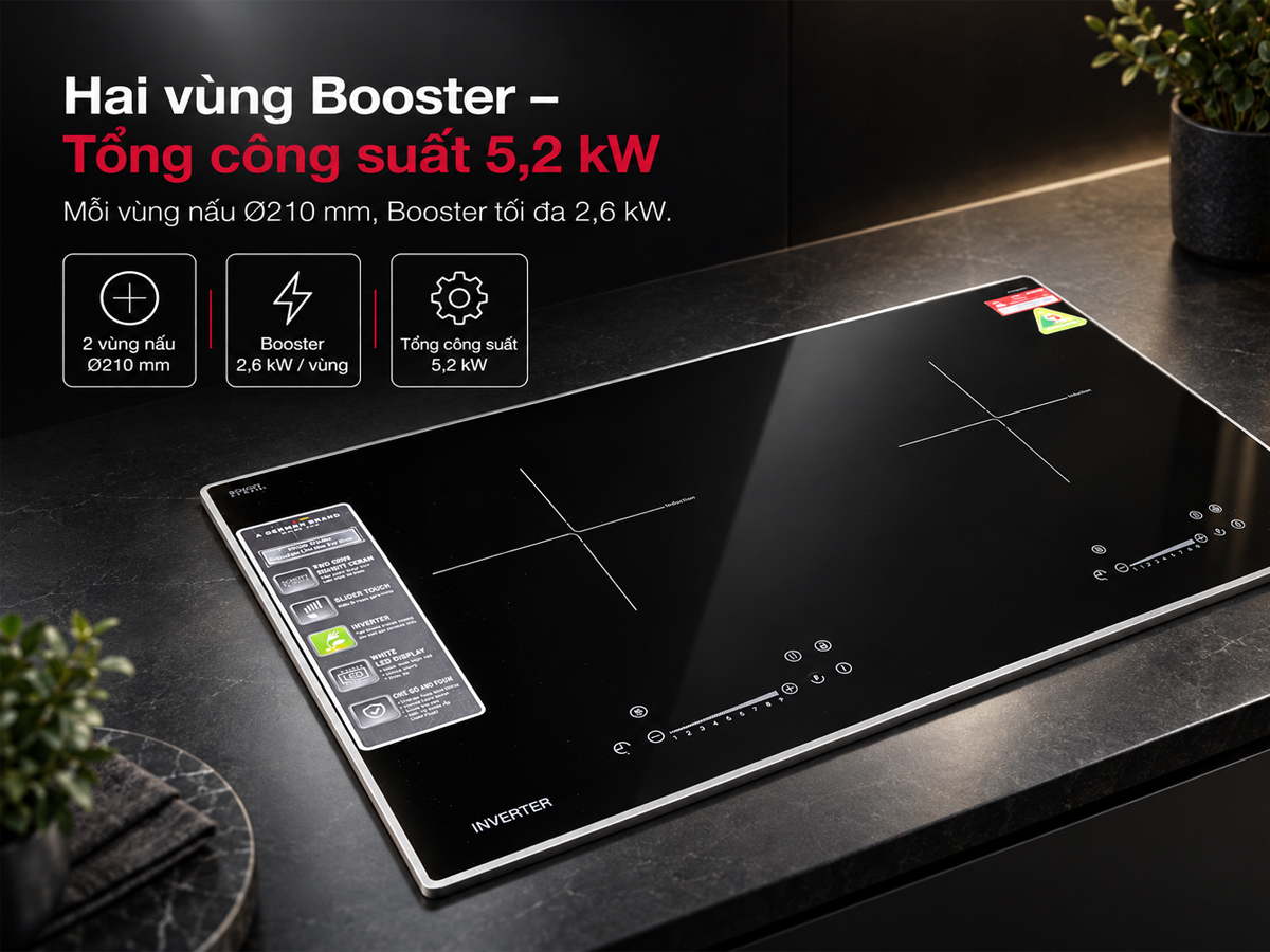 Hai vùng nấu Booster trên bếp từ Häfele HC-I7326B 533.09.989
