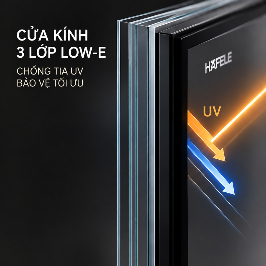 Cửa kính ba lớp Low-E chống tia UV và giảm ngưng tụ của tủ rượu Häfele HW-C62BB
