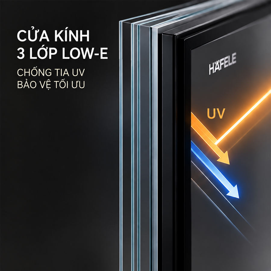 Cửa kính ba lớp Low-E của tủ bảo quản rượu Häfele HW-C129FB
