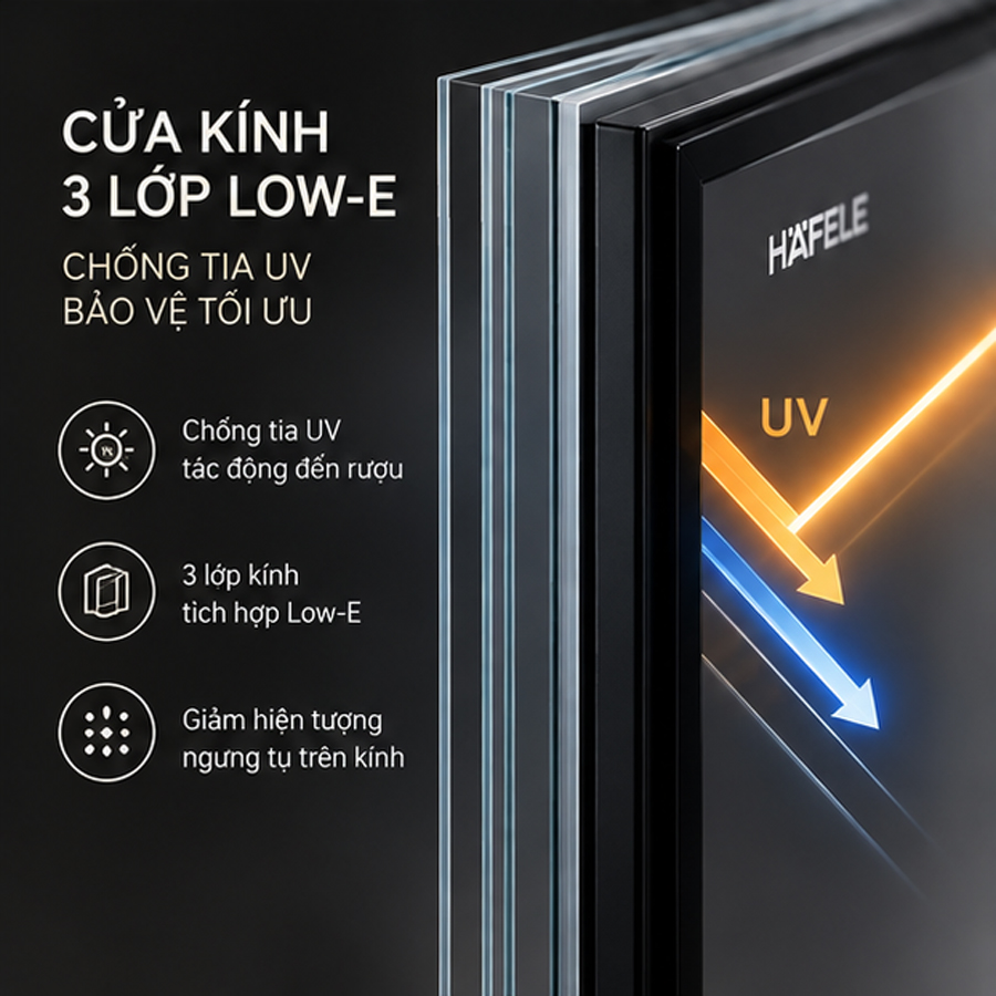 Cửa kính ba lớp Low-E chống tia UV trên tủ bảo quản rượu Häfele HW-C415FB