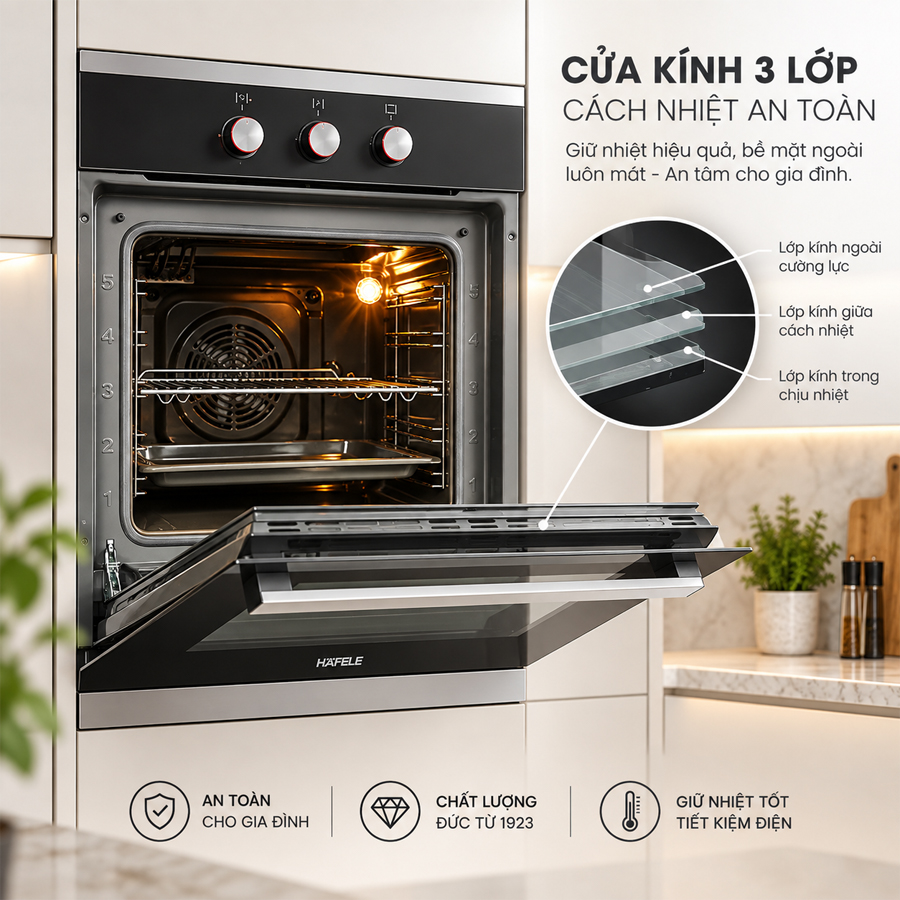 Cửa kính trong suốt 3 lớp cách nhiệt của lò nướng Häfele HO-K60B