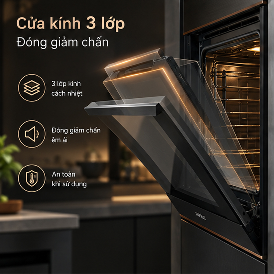 Cửa kính 3 lớp và cơ chế đóng giảm chấn của lò nướng Häfele HC-O812B