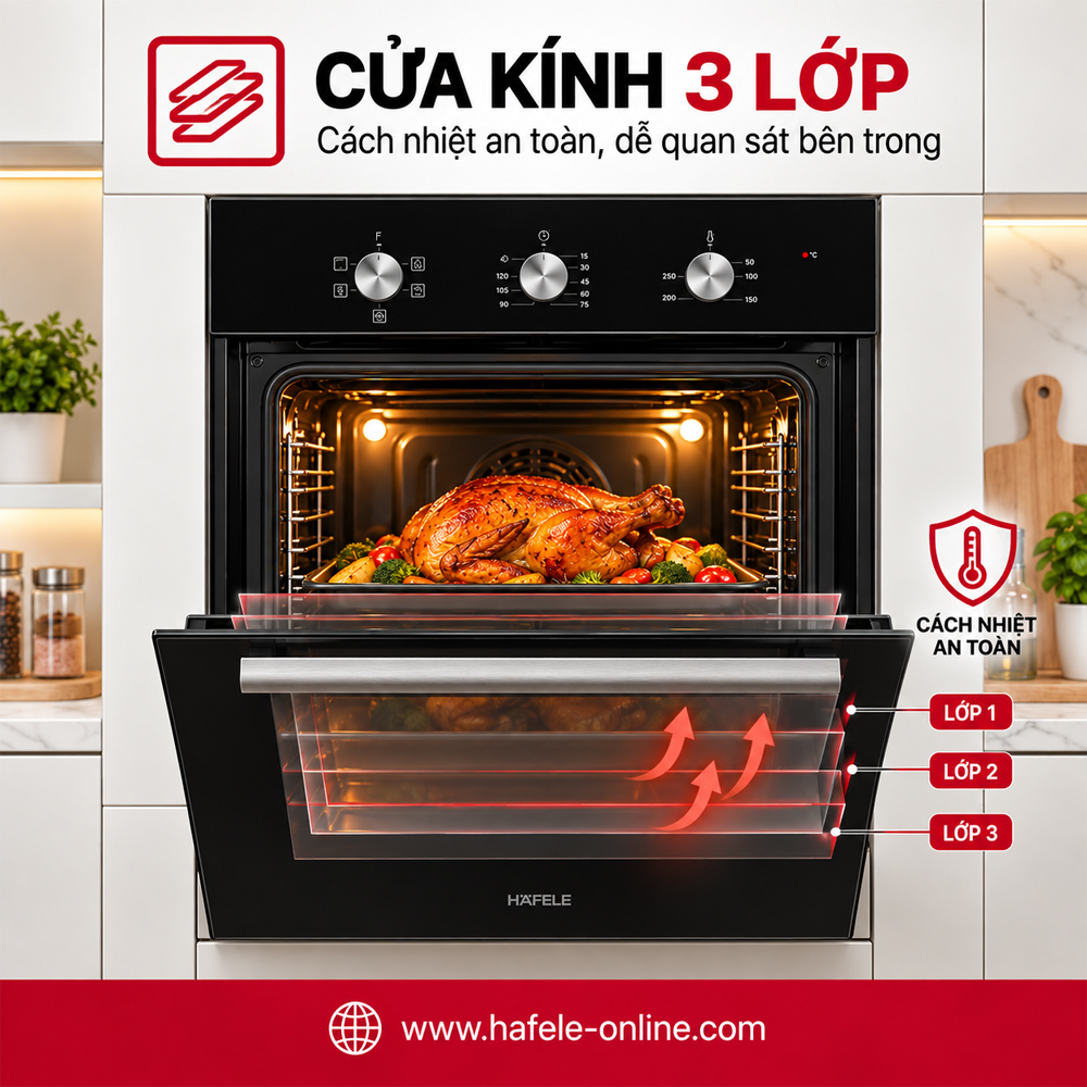 Cửa kính toàn phần 3 lớp cách nhiệt của lò nướng Häfele HO-2K65A