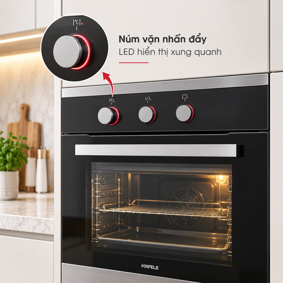 Núm vặn nhấn đẩy với đèn LED hiển thị xung quanh của lò nướng Häfele HO-K60B