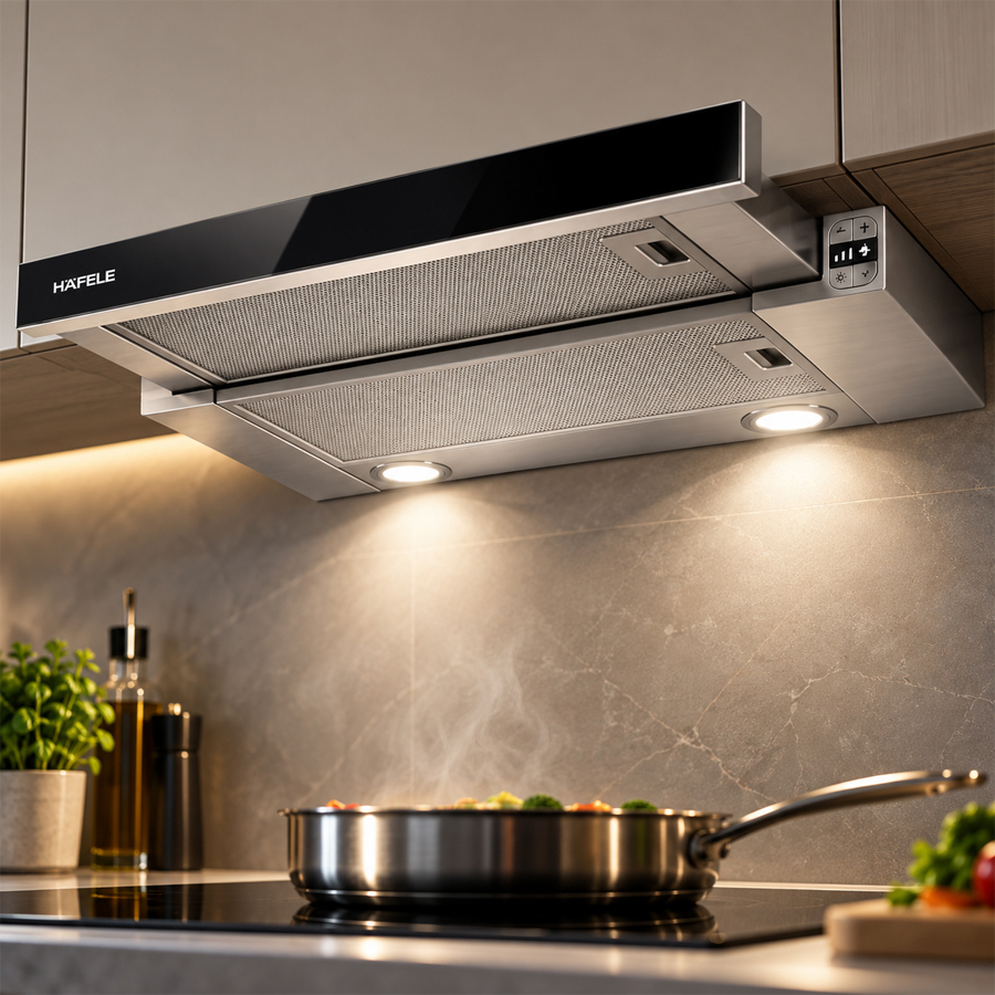 Nút điều khiển, lưới lọc nhôm và đèn LED của máy hút mùi Häfele HH-TG60E