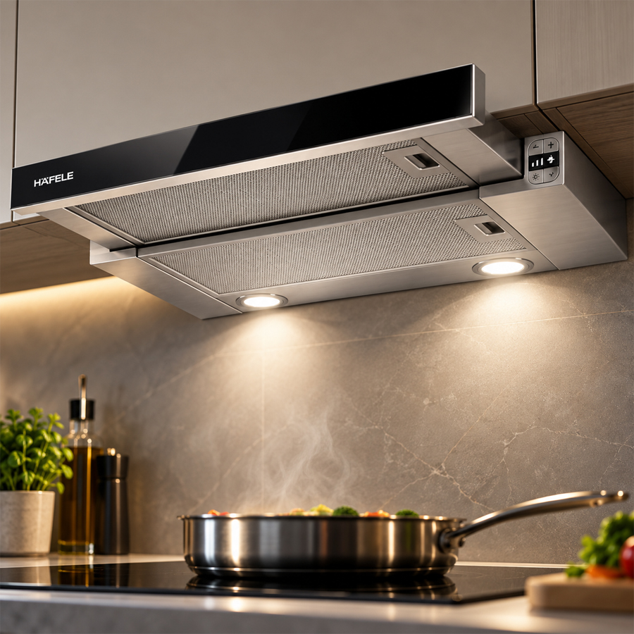 Nút nhấn điện tử và đèn LED chiếu sáng của máy hút mùi Häfele HH-TG90E