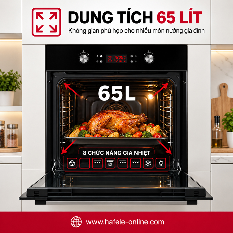 Khoang lò 65 lít và 8 chức năng gia nhiệt của Häfele HO-2KT65A