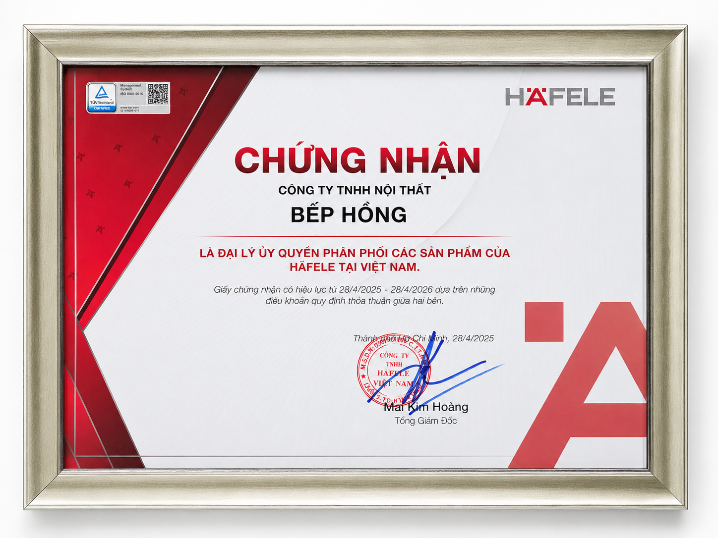 Giấy chứng nhận phân phối ủy quyền Hafele của Công ty TNHH Nội Thất Bếp Hồng