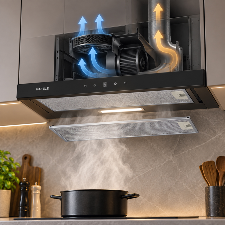 Lưới lọc nhôm và hệ thống hút tuần hoàn hoặc thông gió của Häfele HC-H7031TB