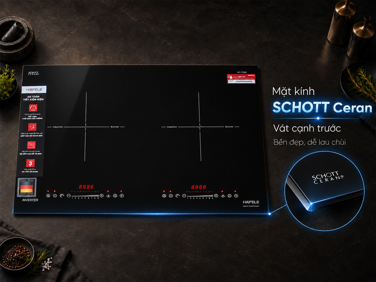 Mặt gốm thủy tinh SCHOTT Ceran vát cạnh trước của bếp Häfele HC-I7325B