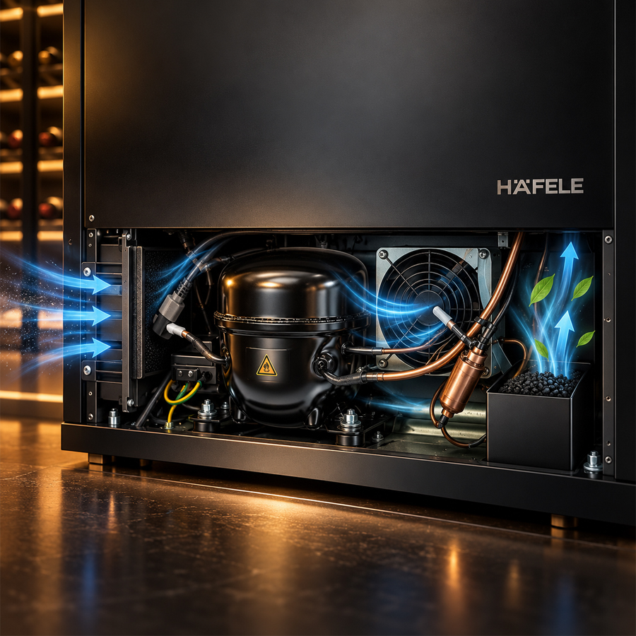 Hệ thống làm lạnh máy nén và bộ lọc than hoạt tính của tủ rượu Häfele HW-C415FB