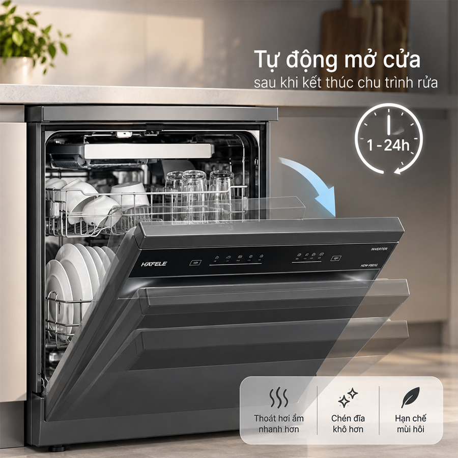 Chức năng tự động mở cửa sau chu trình rửa của Häfele HDW-F601G