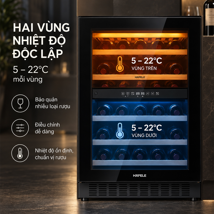 Hai vùng nhiệt độ độc lập 5 đến 22 độ C của tủ rượu Häfele HW-C129FB
