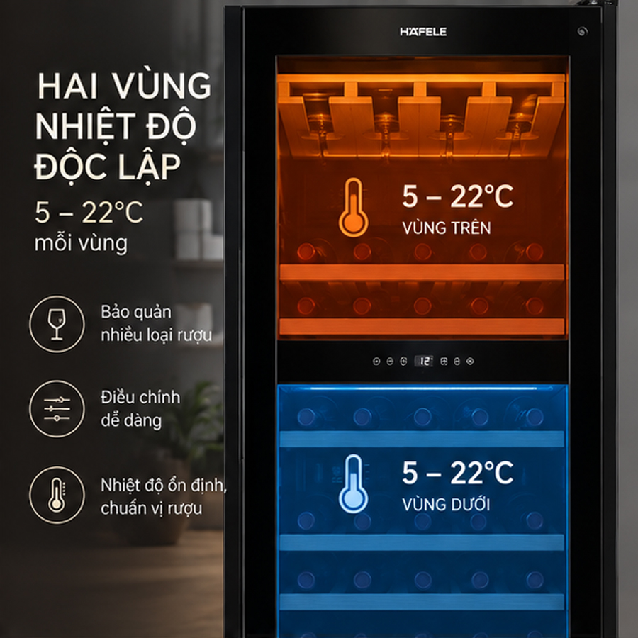 Hai vùng nhiệt độ độc lập 5 đến 22 độ C của tủ rượu Häfele HW-C415FB