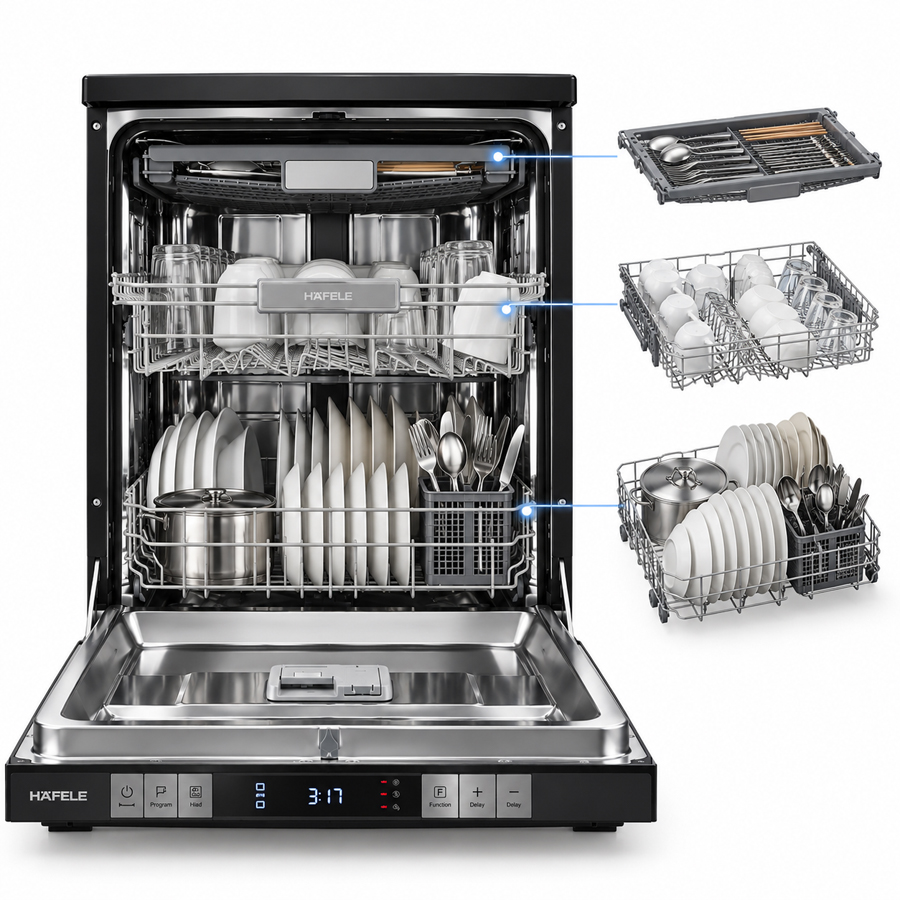 Khoang rửa 14 bộ và 3 tầng khay của máy rửa chén Häfele HDW-F602TB