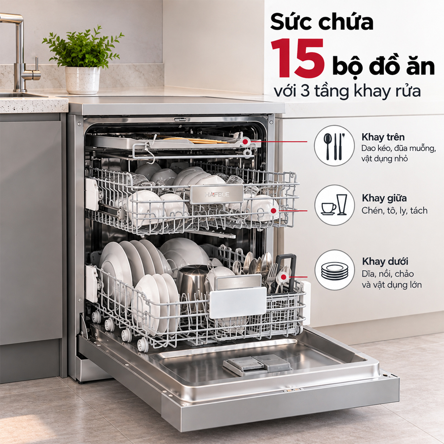Khoang rửa 15 bộ và 3 tầng khay của máy rửa chén Häfele HDW-F6012G