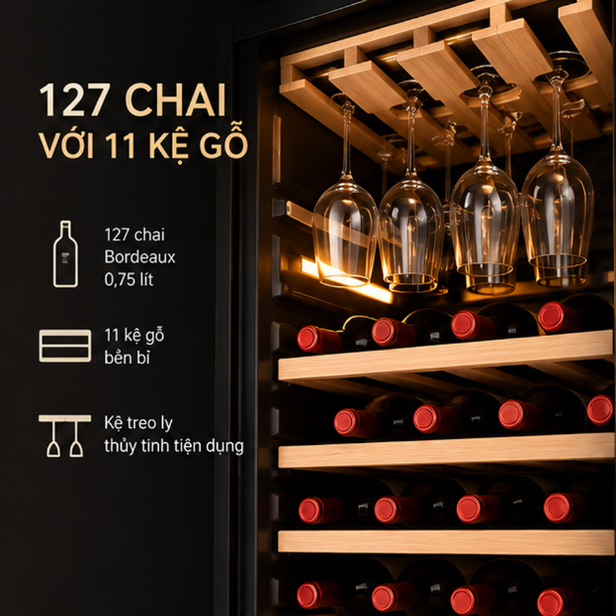 127 chai rượu và 11 kệ gỗ bên trong tủ Häfele HW-C415FB
