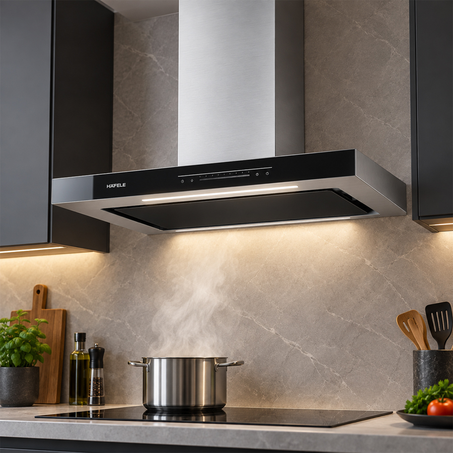 Thiết kế máy hút mùi gắn tường Häfele HC-W705B rộng 700 mm với mặt kính đen và đèn LED