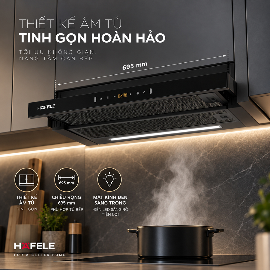 Thiết kế âm tủ rộng 695 mm, mặt kính đen và đèn LED của Häfele HC-H7034TB