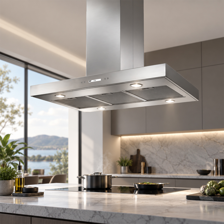 Thiết kế máy hút mùi đảo Häfele HH-IS90A rộng 898 mm bằng thép không gỉ với 4 đèn LED