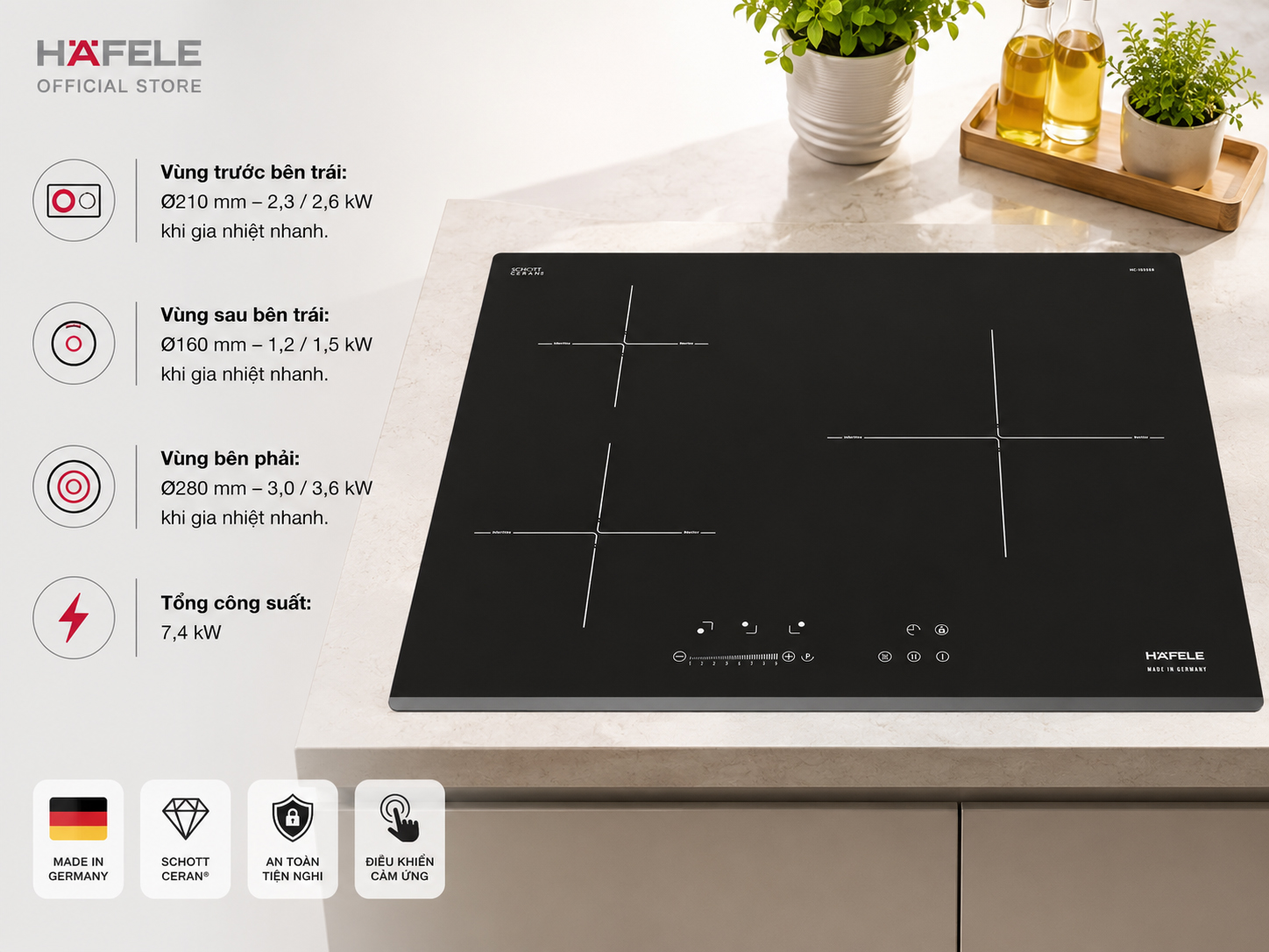 Ba vùng nấu độc lập trên bếp từ Hafele HC-I6035B