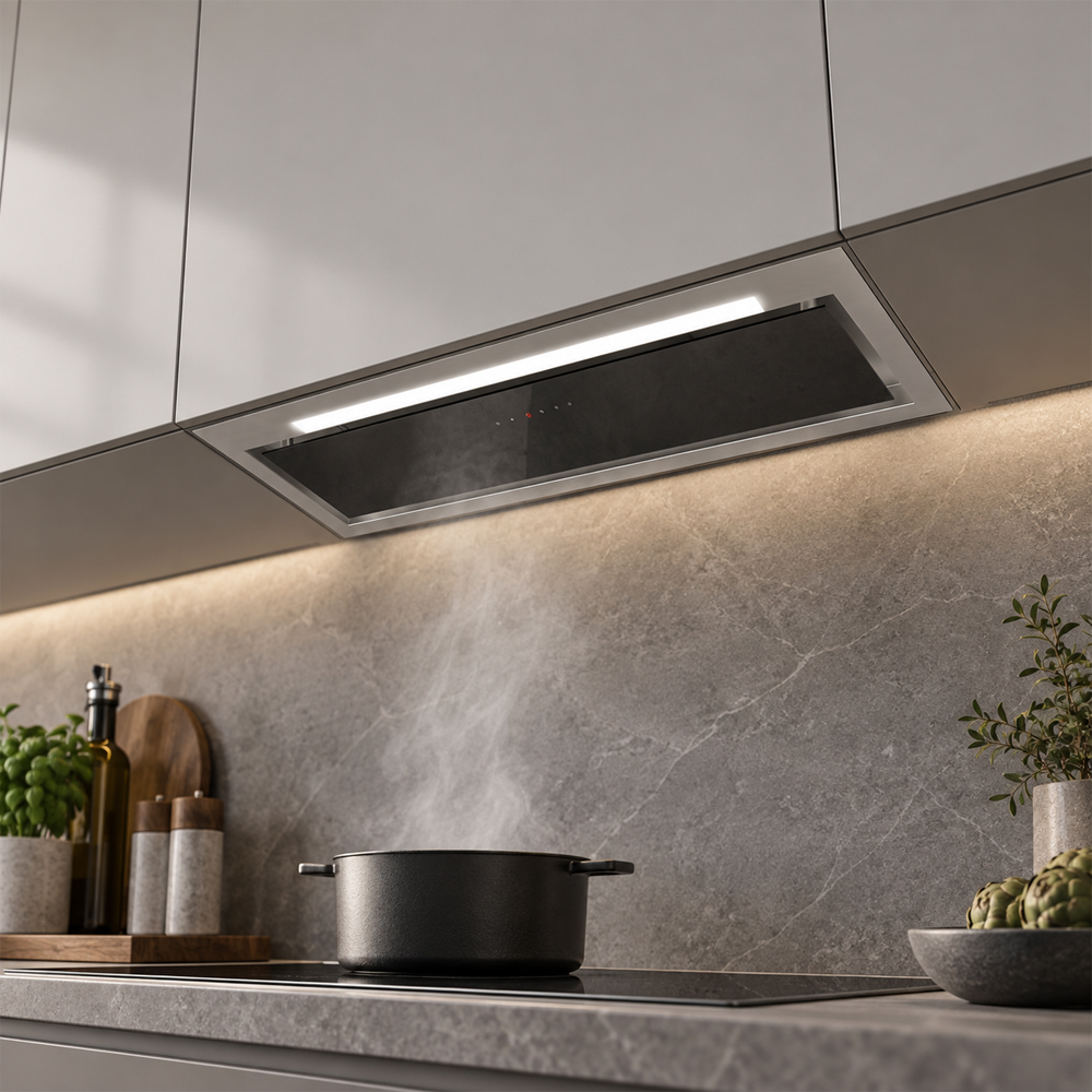 Máy hút mùi âm tủ Häfele HH-BI72A 533.80.027 rộng 720 mm, mặt kính đen và viền thép không gỉ