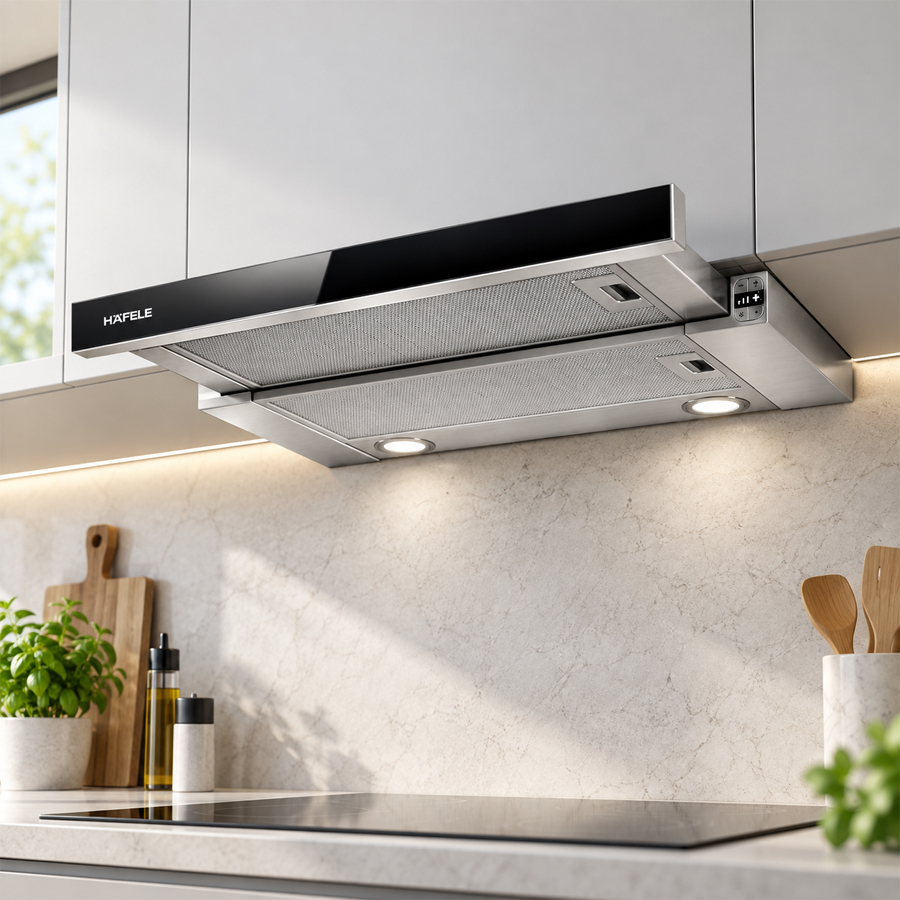 Thiết kế âm tủ mặt kim loại kết hợp kính đen của máy hút mùi Häfele HH-TG90E