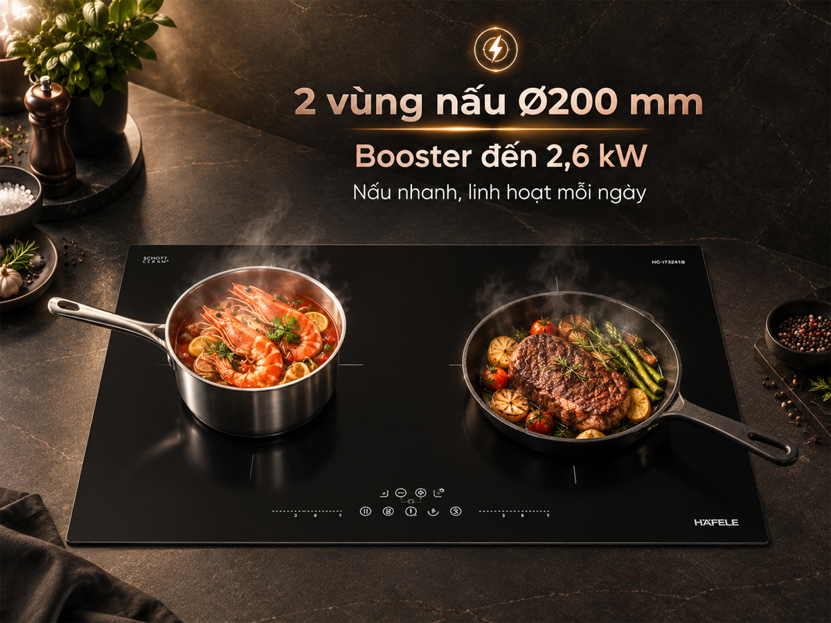 Hai vùng nấu từ Ø200 mm của bếp Häfele HC-I73241B 536.61.859