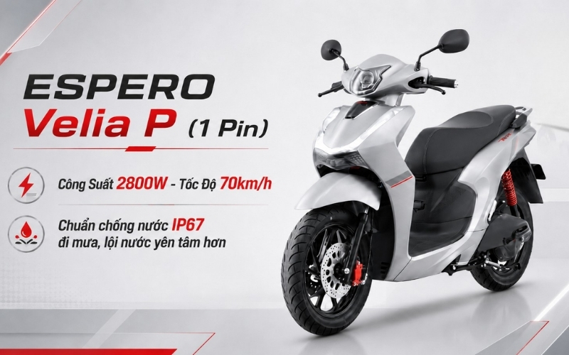 Xe điện ESPERO Velia P (1 Pin) công suất 2800W, Chuẩn chống nước IP67