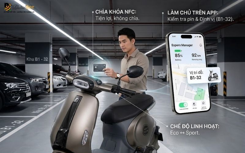 Công nghệ thông minh: App quản lý xe, NFC, chế độ lái của Espero Weezee Plus 3