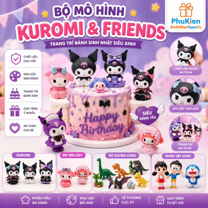 Bộ Mô Hình Kuromi & Friends Mini Trang Trí Bánh Kem