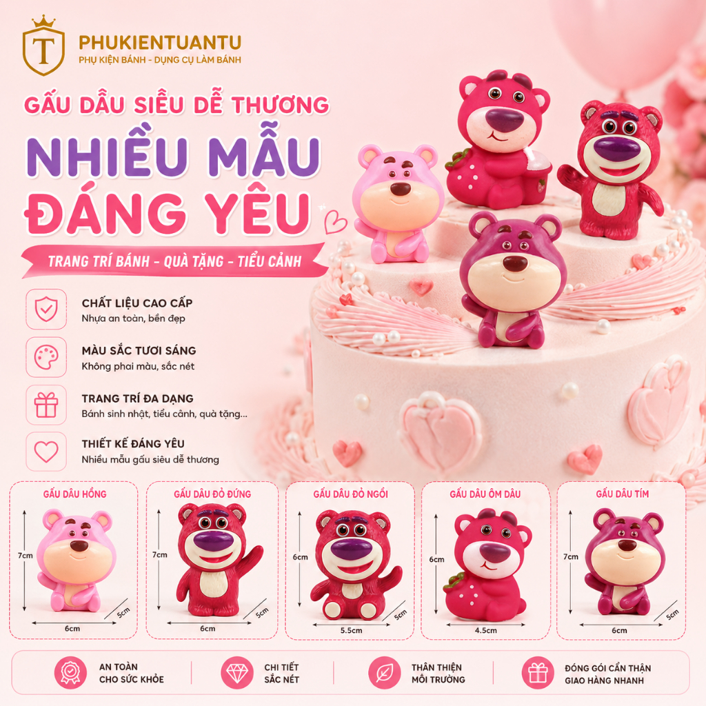 Mô Hình Gấu Dâu Lotso Mini Trang Trí Bánh Kem