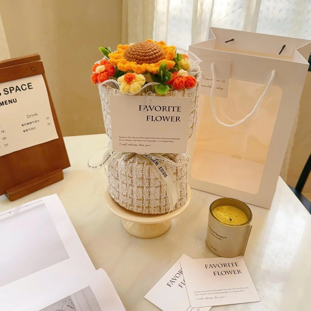 Quà tặng bó hoa len mini vải dạ Tweed kèm túi đựng và thiệp tặng sinh nhật, tặng người yêu