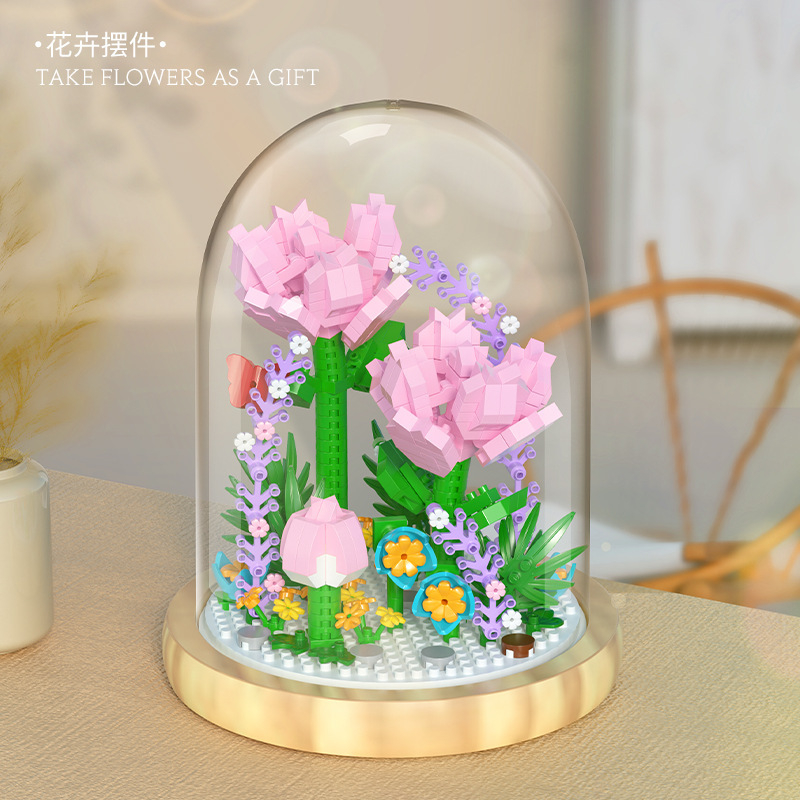 Quà tặng mô hình lắp ráp hoa dễ thương kèm lồng chụp và đế tặng sinh nhật, tặng người yêu