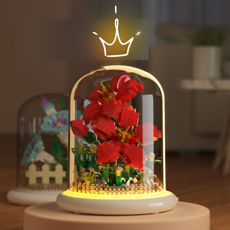 Quà tặng mô hình lắp ráp hoa kèm lồng chụp và đế hắt sáng tặng sinh nhật, tặng người yêu