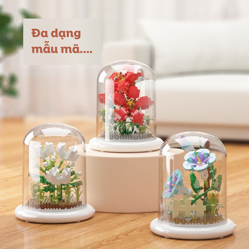 Quà tặng mô hình lắp ráp hoa kèm lồng chụp và đế hắt sáng tặng sinh nhật, tặng người yêu