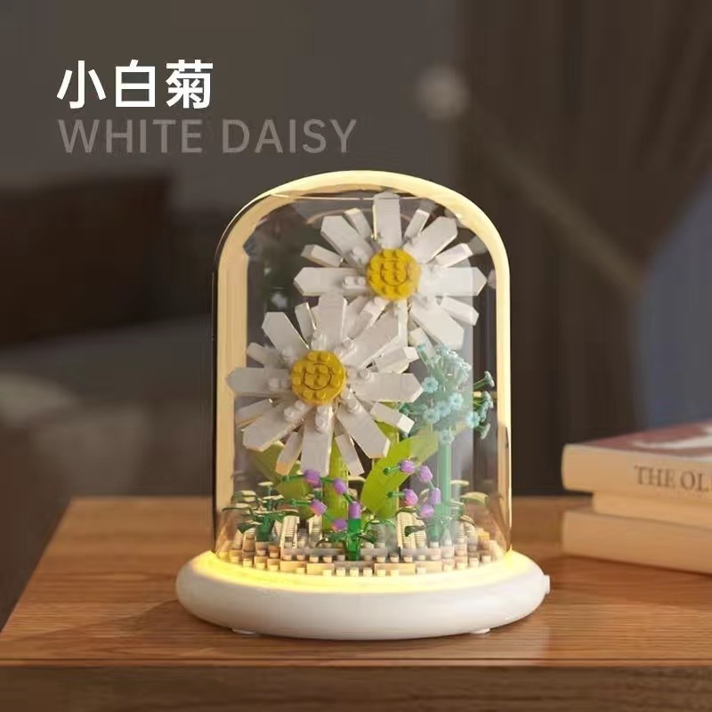 Quà tặng mô hình lắp ráp hoa kèm lồng chụp và đế hắt sáng tặng sinh nhật, tặng người yêu