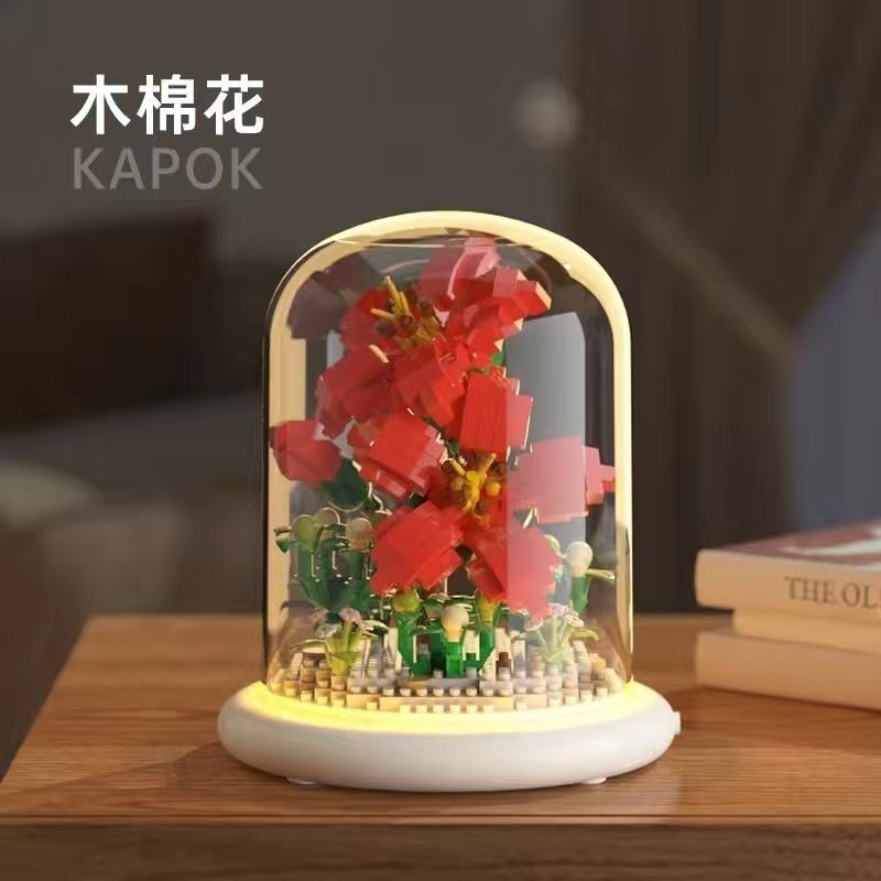 Quà tặng mô hình lắp ráp hoa kèm lồng chụp và đế hắt sáng tặng sinh nhật, tặng người yêu