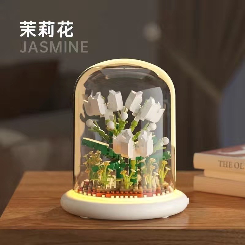 Quà tặng mô hình lắp ráp hoa kèm lồng chụp và đế hắt sáng tặng sinh nhật, tặng người yêu
