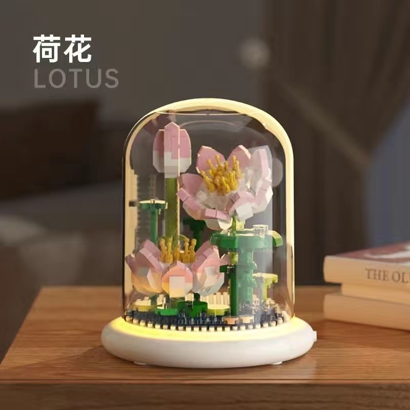 Quà tặng mô hình lắp ráp hoa kèm lồng chụp và đế hắt sáng tặng sinh nhật, tặng người yêu