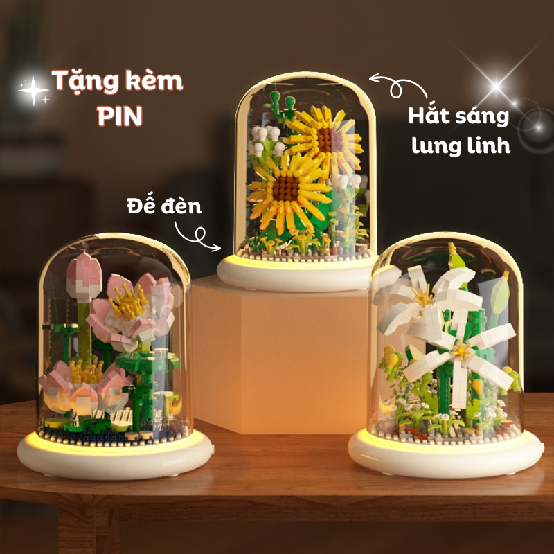 Quà tặng mô hình lắp ráp hoa kèm lồng chụp và đế hắt sáng tặng sinh nhật, tặng người yêu