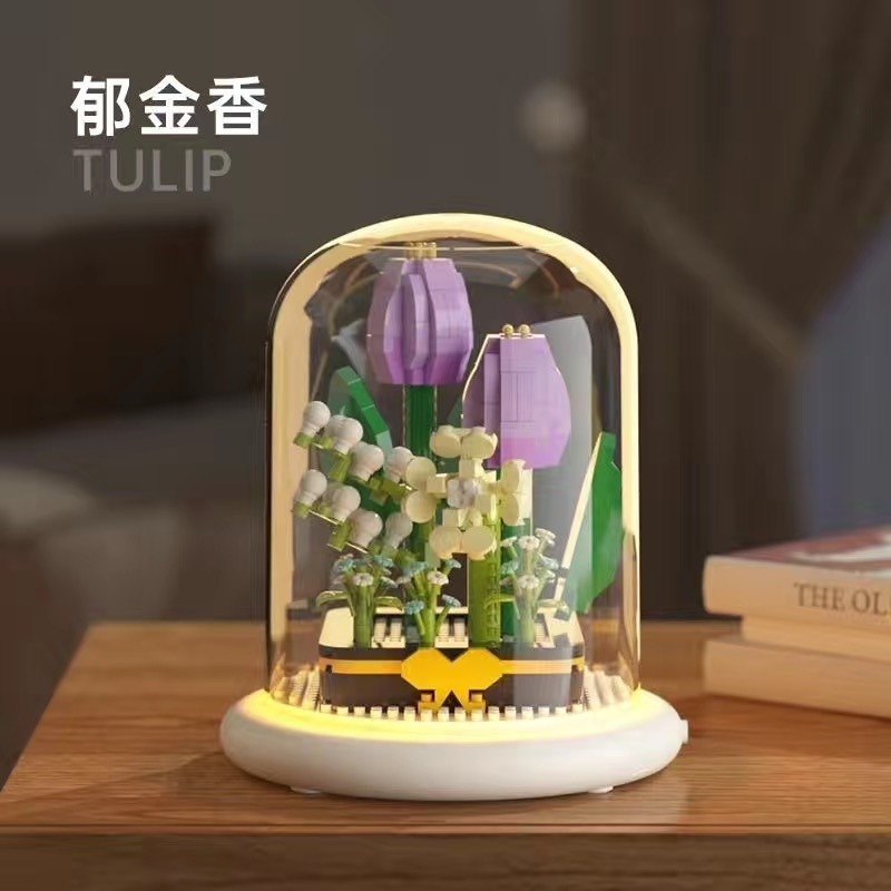 Quà tặng mô hình lắp ráp hoa kèm lồng chụp và đế hắt sáng tặng sinh nhật, tặng người yêu