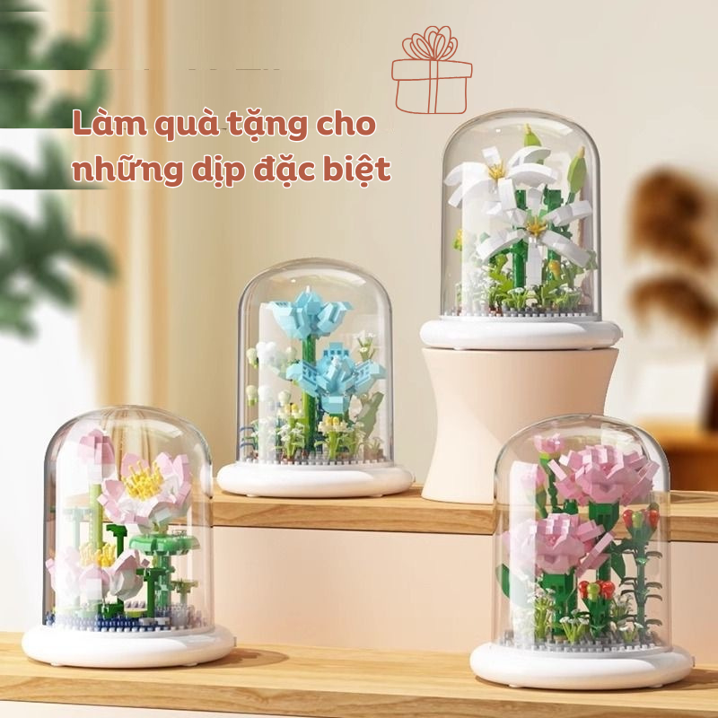 Quà tặng mô hình lắp ráp hoa kèm lồng chụp và đế hắt sáng tặng sinh nhật, tặng người yêu