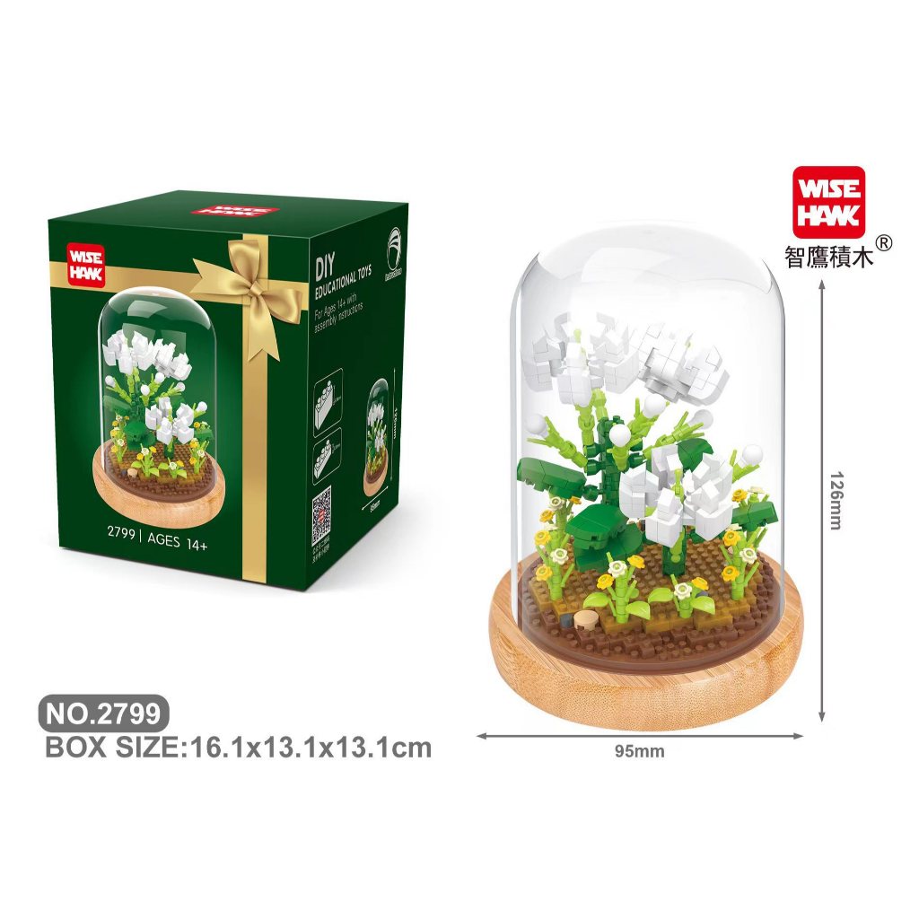 Quà tặng mô hình lắp ráp hoa hộp quà xanh kèm lồng chụp đế gỗ tặng người yêu, bạn bè