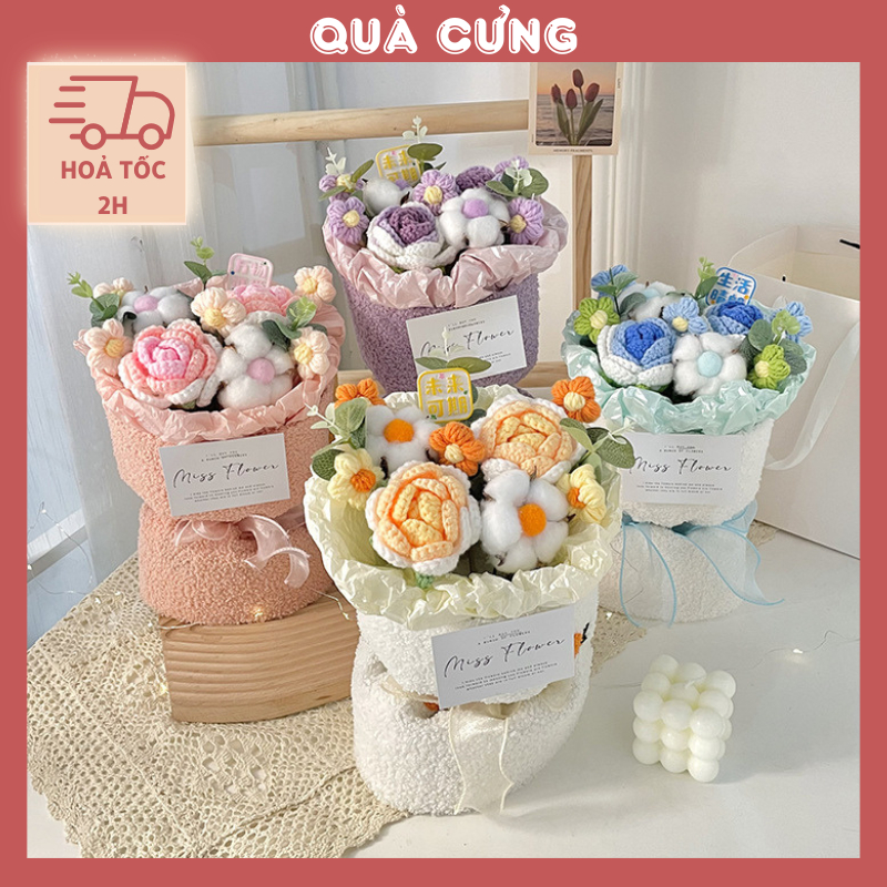 [HỎA TỐC] Quà tặng bó hoa Len vải Bông kèm túi đựng và đèn nháy tặng sinh nhật, tặng người yêu